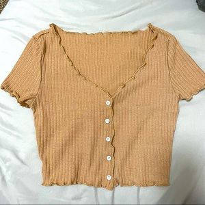 Solid Beige Button Front Stretch Body-con Fitted Plunge Short Sleeves Crop Top